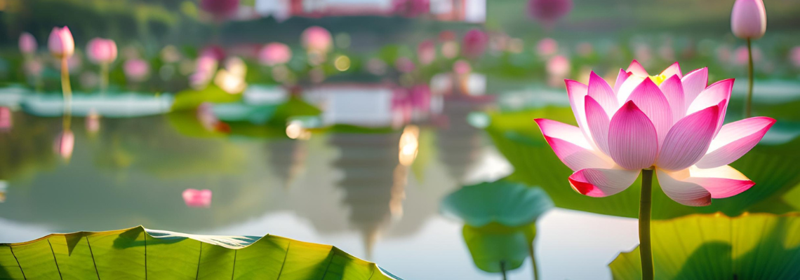 A pagoda reflected in a lotus pond suggestive of what the Purelands mentioned in the Amitabha Sutra might look like